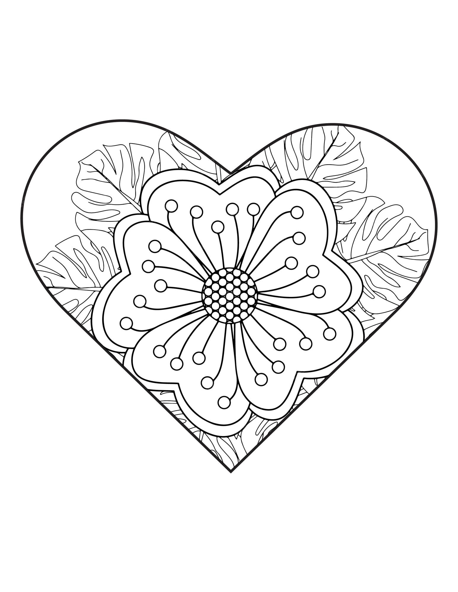 Premium vector heart coloring page flower coloring book for adults heart shape heart ornament