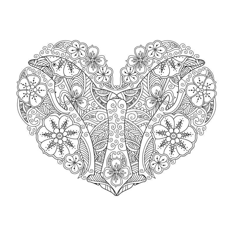 Coloring page with dolphin in heart shape isolated on white background stock vector