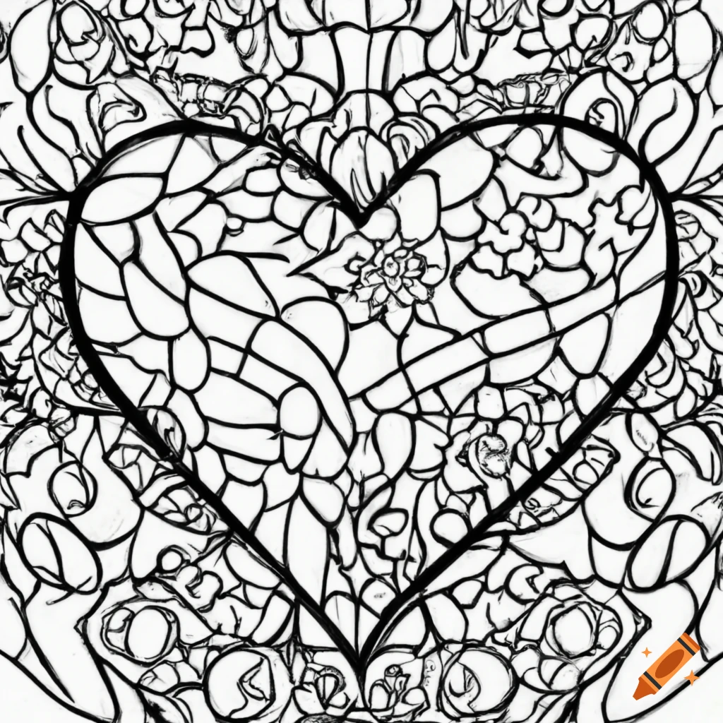 A simple black and white coloring book page for kids about a heart on