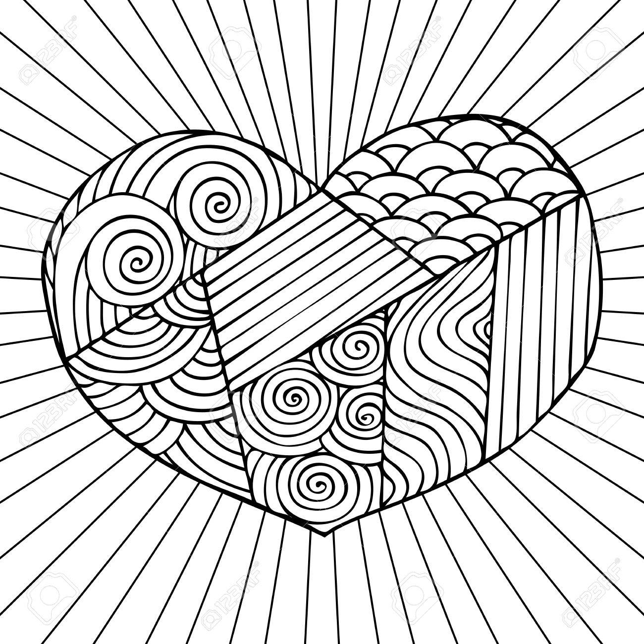 Hand drawn heart adult coloring book page design with a picture of a heart coloring book page for adult vector illustration in the style of zentangle doodle ethnic tribal design royalty free