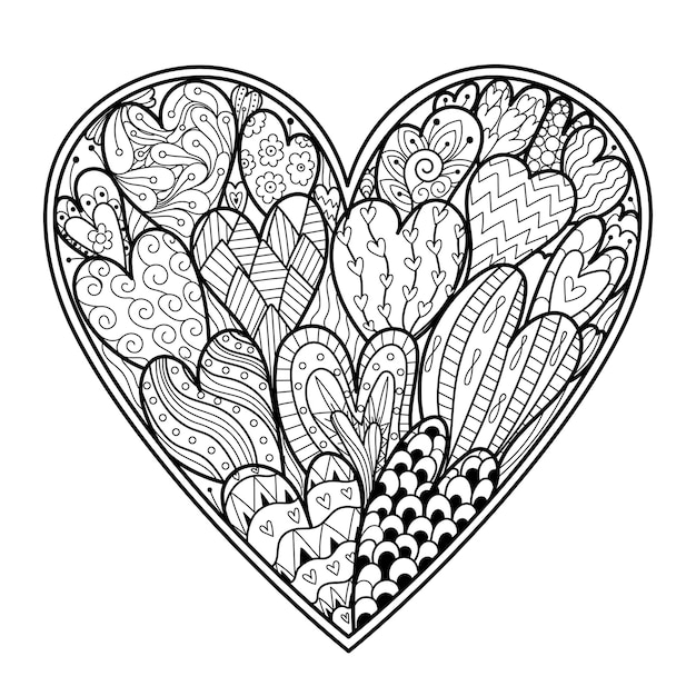 Premium vector doodle heart coloring page black and white valentines day pattern for antistress coloring book