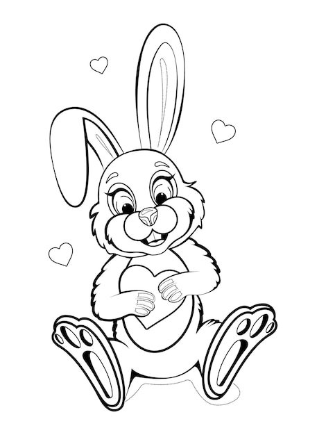 Premium vector coloring page romantic cute bunny smiling and holding a heart