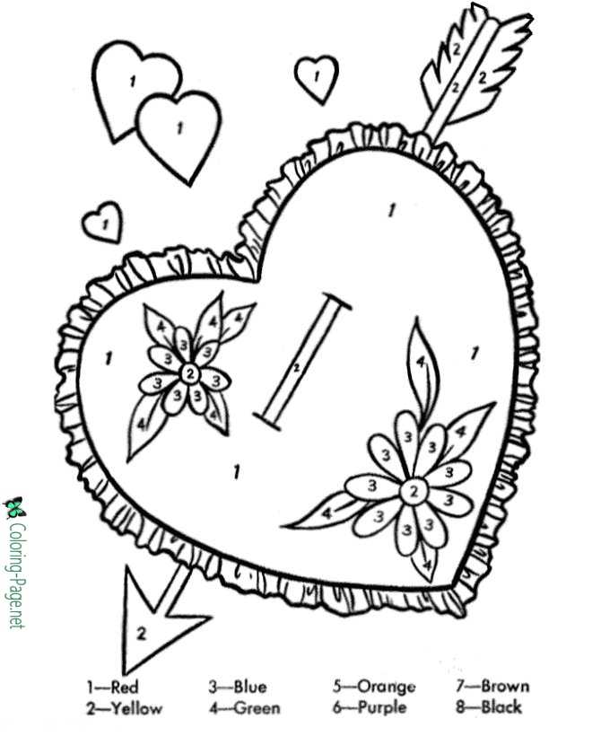 Valentine heart coloring pages color by number