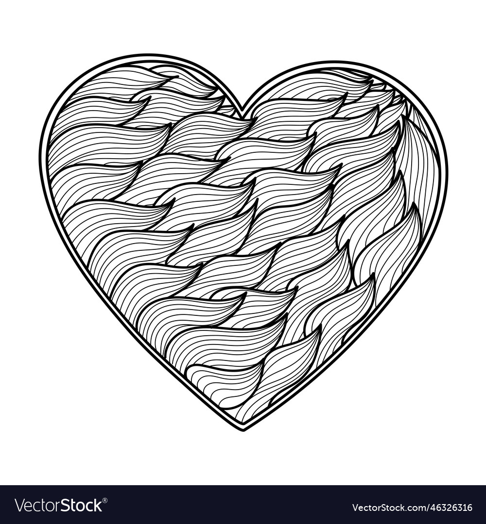 Wavy heart mandala coloring page black and white vector image