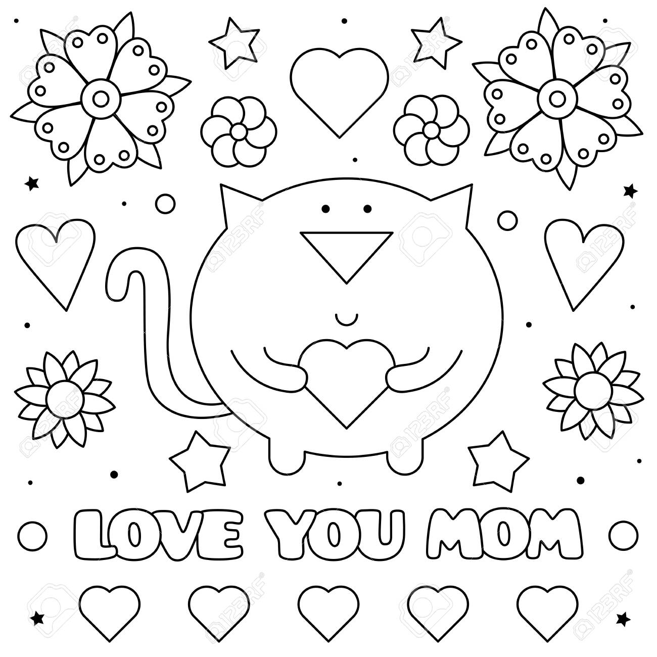 Love you mom coloring page black and white vector illustration of a cat with a heart royalty free svg cliparts vectors and stock illustration image