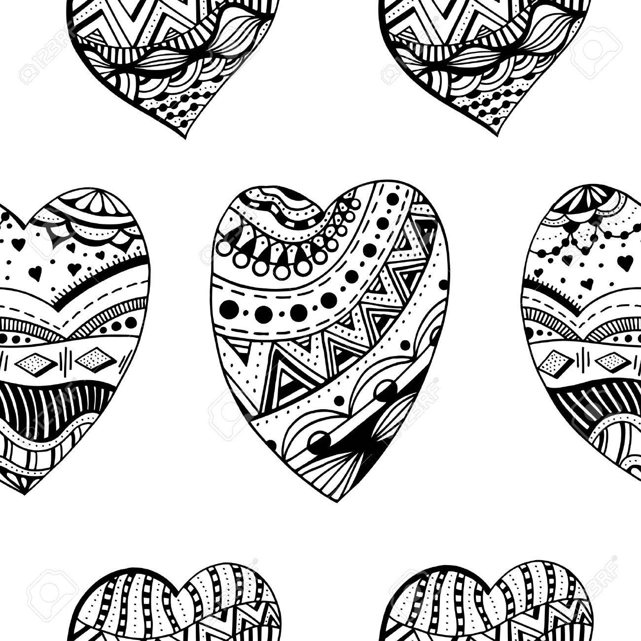 Hand drawn ornamental heart with love in doodle zentangle tribal style seamless pattern for adult coloring pages card for st valentines day vector decoration elements for postcard design royalty free svg cliparts