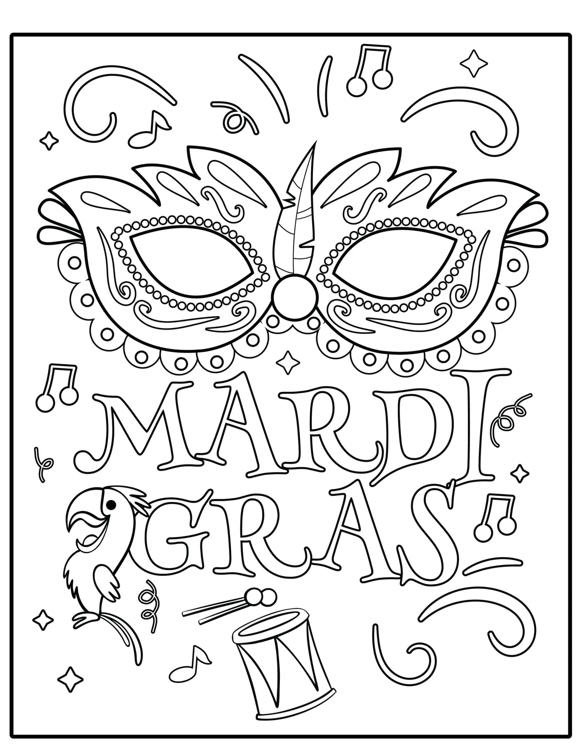 Mardi gras heart mask coloring page