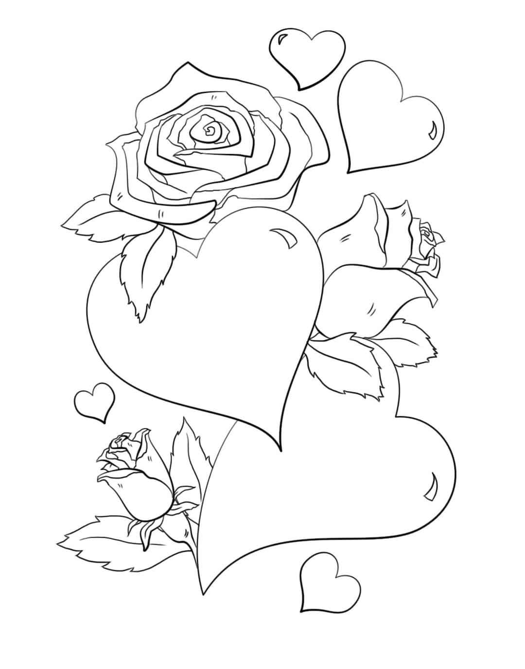 Hearts and roses coloring page happy valentines day valentine coloring sheet kids adult coloring valentines printable love heart rose instant download