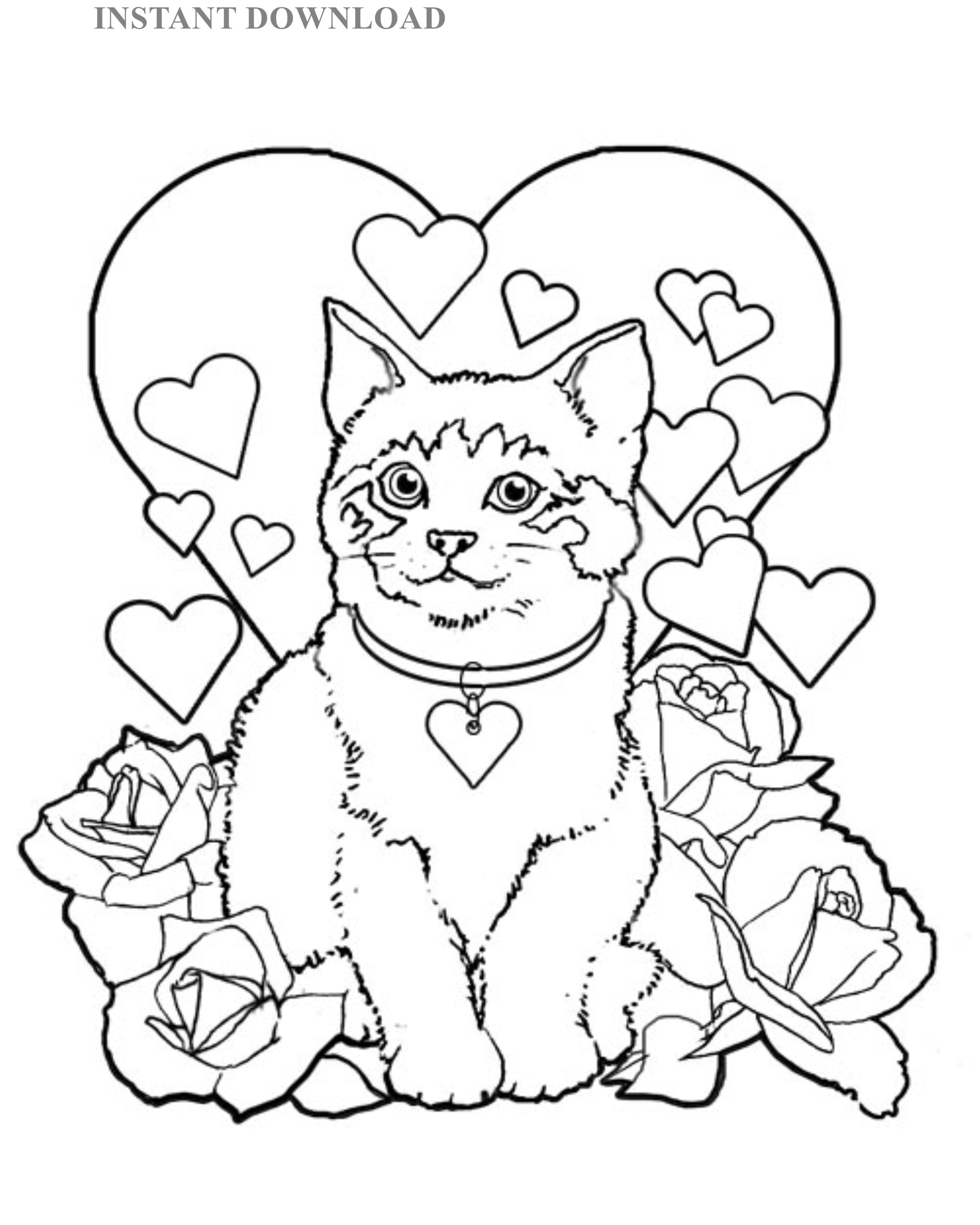 Printable cat hearts and roses coloring sheetinstant downloaddigital file x printable valentineadult coloring download