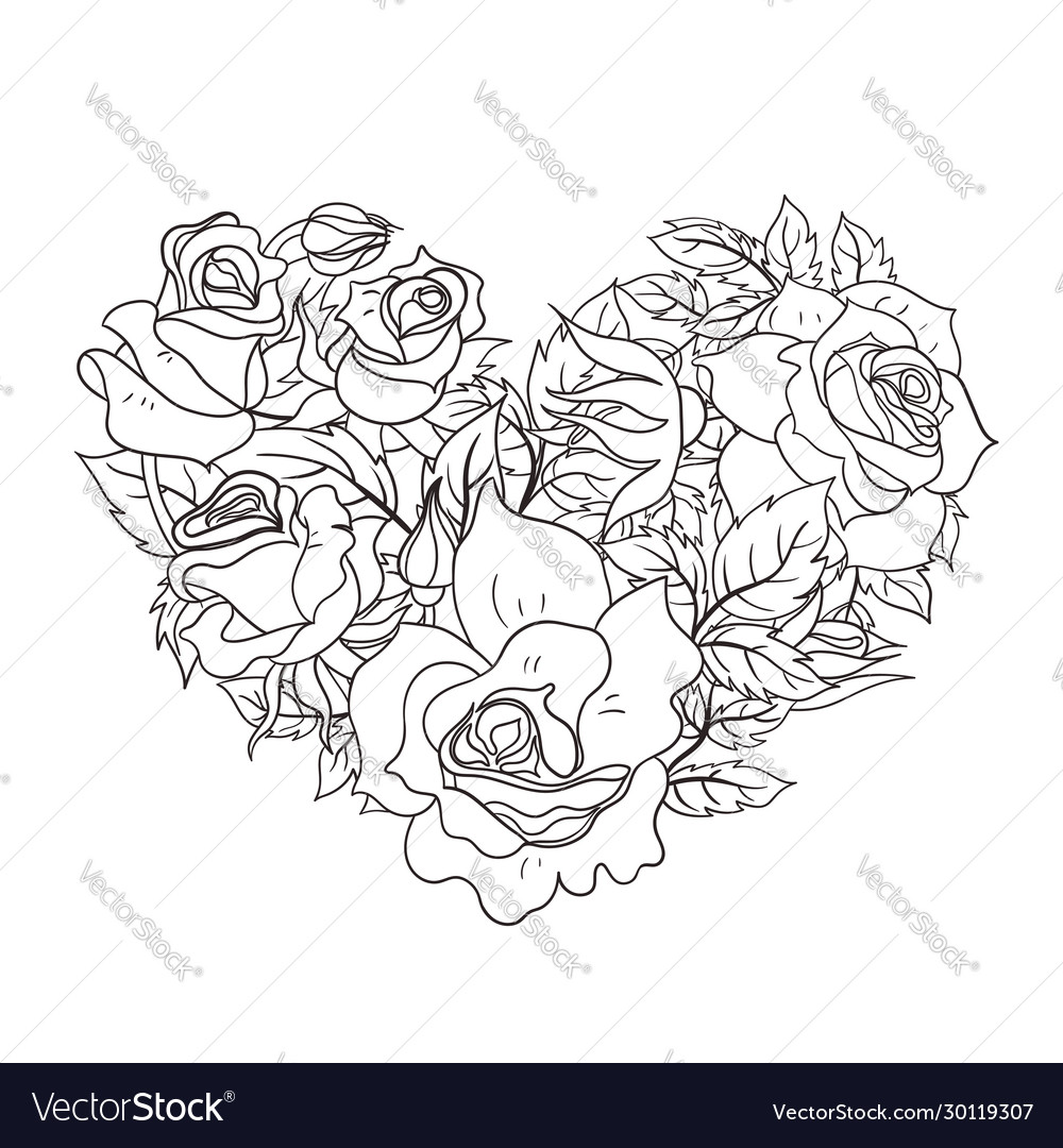Coloring page with roses in shape a heart vector image