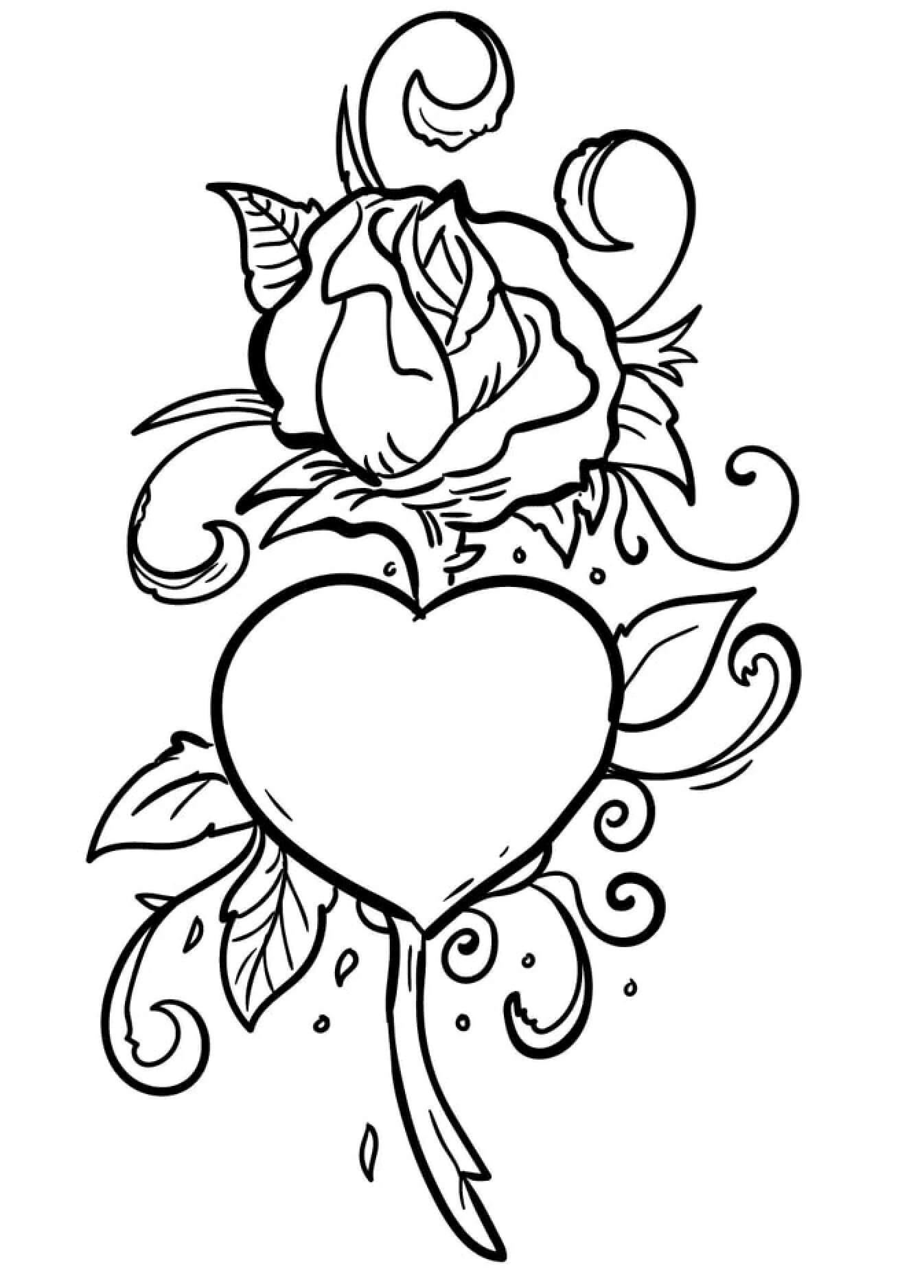 Rose tree with big heart coloring page