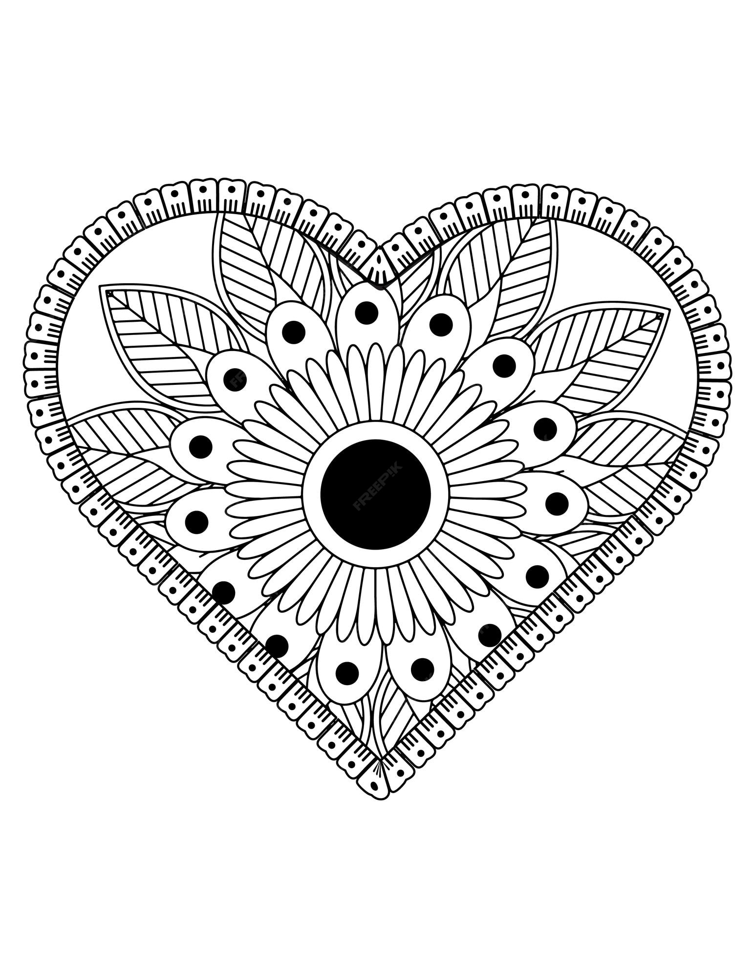 Premium vector heart coloring page flower coloring book for adults heart shape heart ornament