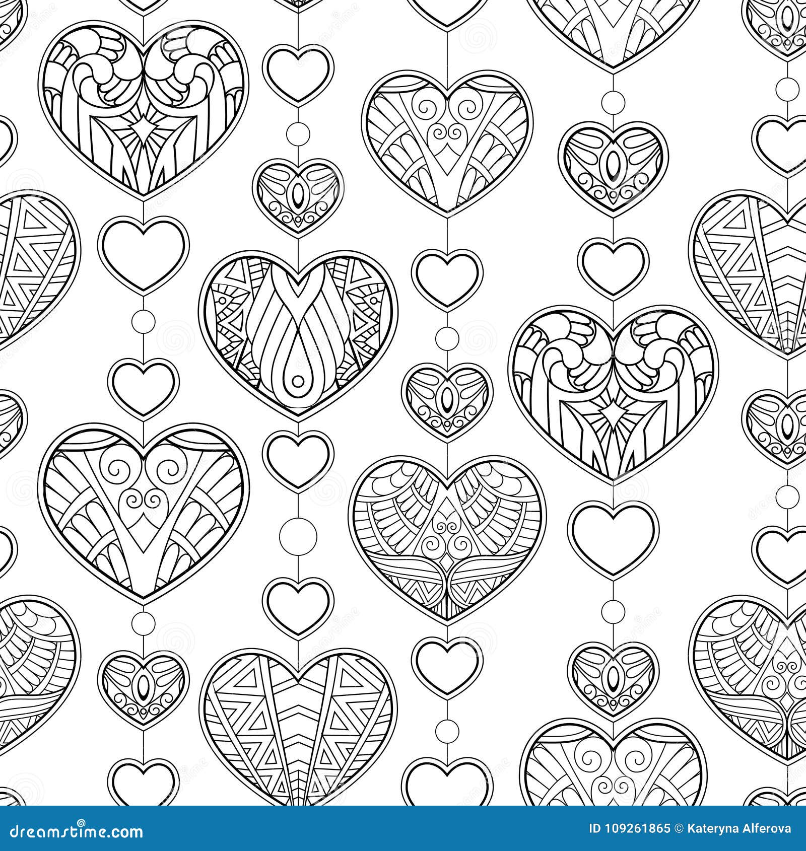 Seamless pattern with hearts ornament decorative pattern in zentangle style adult antistress coloring page stock vector