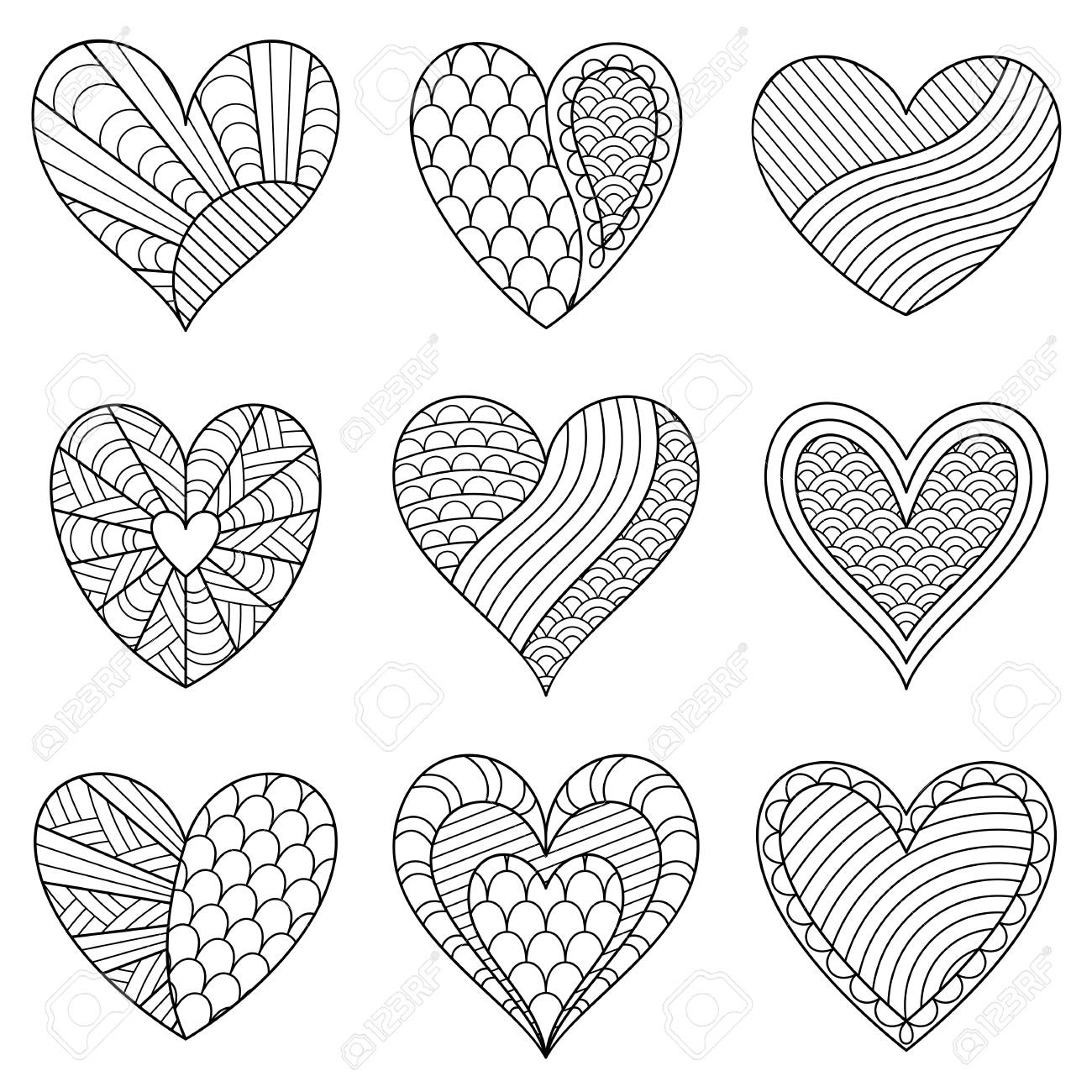 Kit of black and white contour hearts with ornament for page of coloring book set of design elements for anti