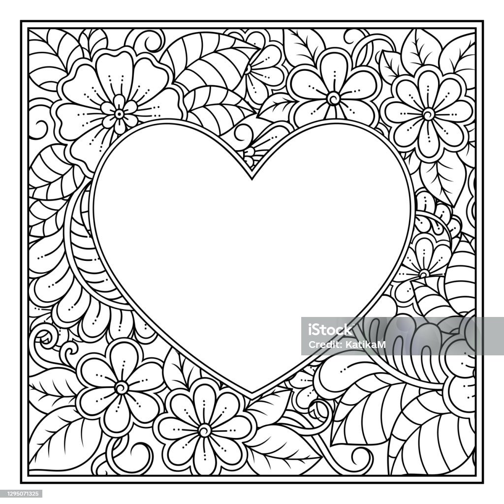 Square frame pattern in shape of heart decorative ornament in ethnic oriental mehndi style outline doodle hand draw vector illustration antistress coloring book page stock illustration