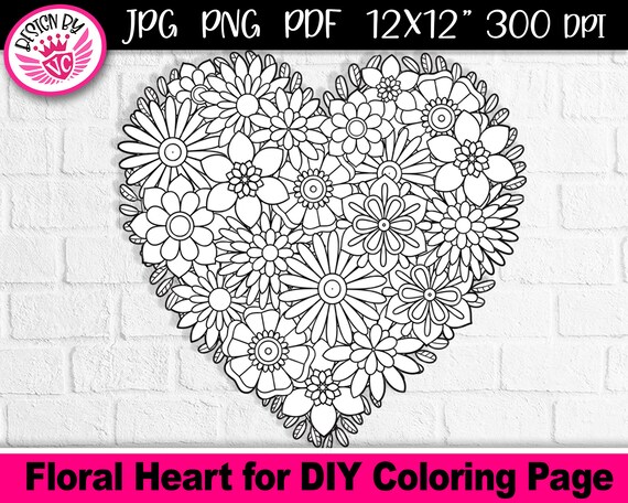 Heart shape flower design for coloring instant digital download for creative diy projects crafts decorative ornament idea