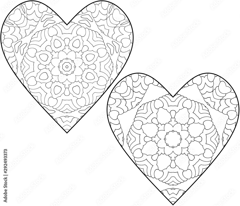 Set of two coloring pages for children and adults simple coloring with small details in the form of hearts for kids symmetric geometric ornament pattern illustration