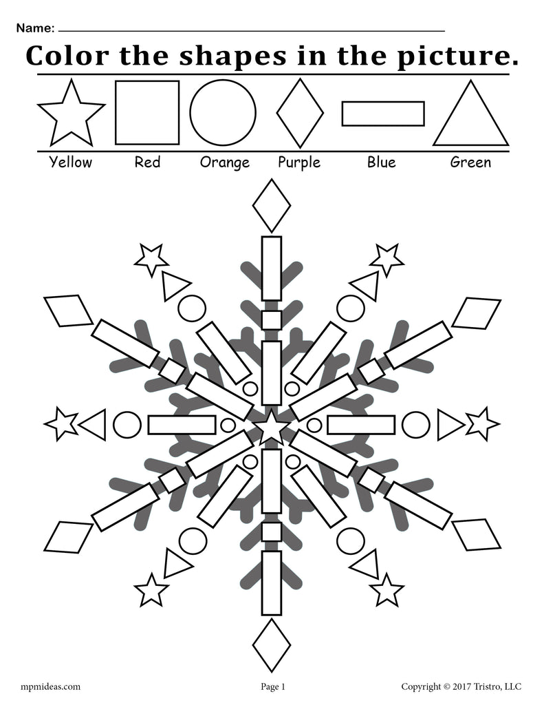 Snowflake shapes worksheet coloring page â