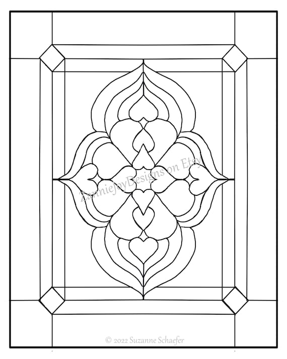 Hearts stained glass pattern instant download line art coloring page printable pattern pdf download