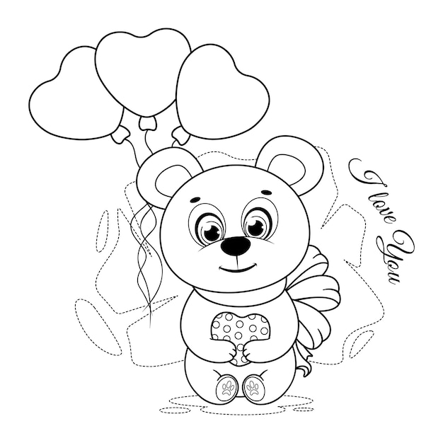 Premium vector coloring page cute cartoon teddy bear with a heart and balloons