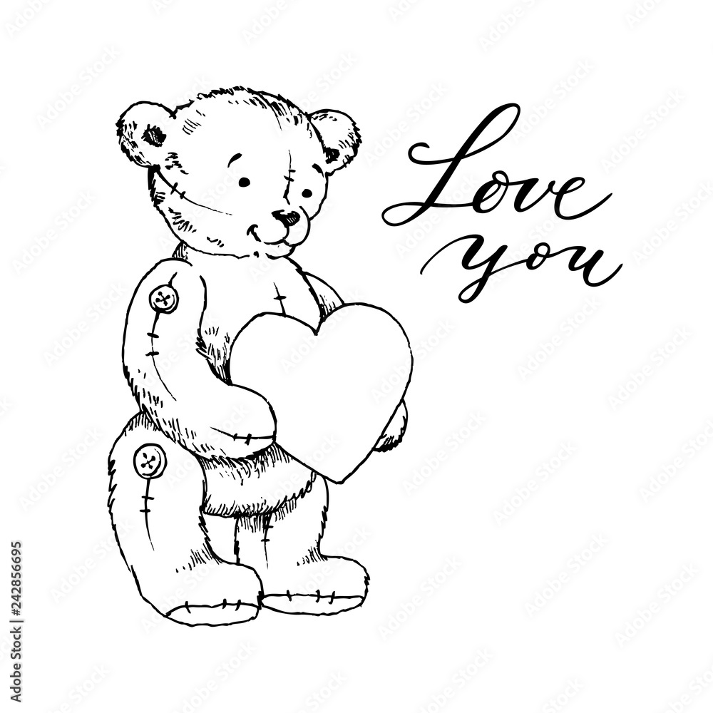 Teddy bear toy with heart coloring book vector illustration love you inscription valentines day concept love concept hand drawn illustration for kids design birthday party invitation vector