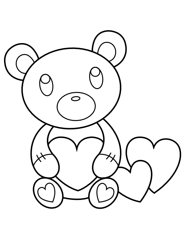 Printable teddy bear and hearts coloring page