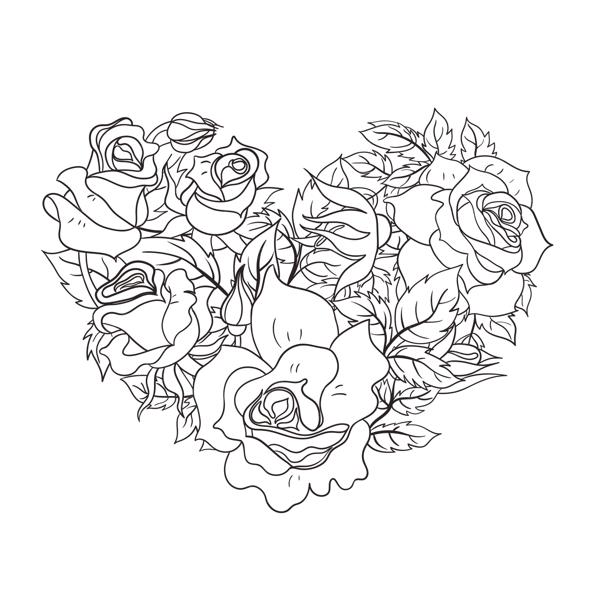 Premium vector coloring page with roses in the shape of a heart