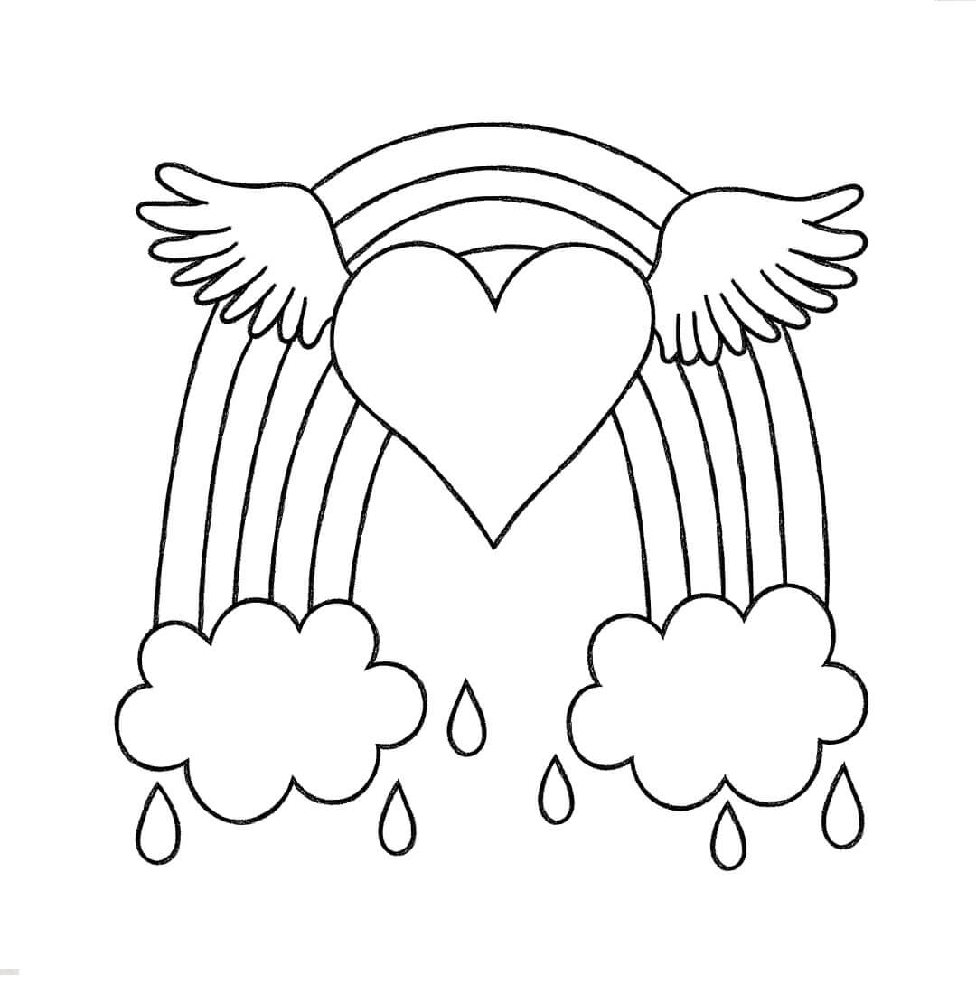 Heart with wings and rainbow coloring page