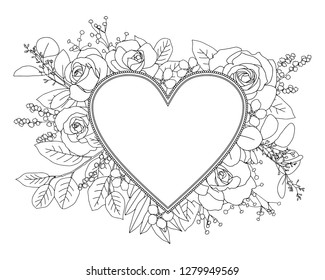 Stock vektor âheart frame bouquet roses coloring pageâ bez autorskãch poplatkå