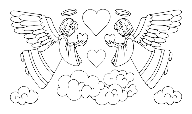 Premium vector coloring page angels give peace and love holy guardian angel in heaven hand drawn line art