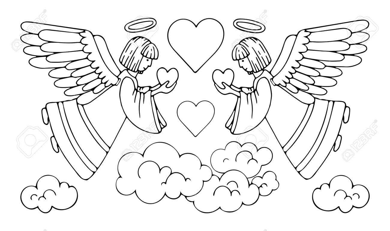 Coloring page angels give peace and love holy guardian angel in heaven hand drawn vector line art illustration coloring book for children and adults black and white sketch royalty free svg cliparts