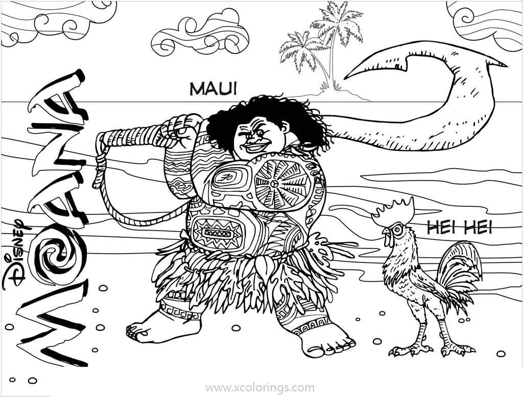 Moana coloring pages maui and hei hei