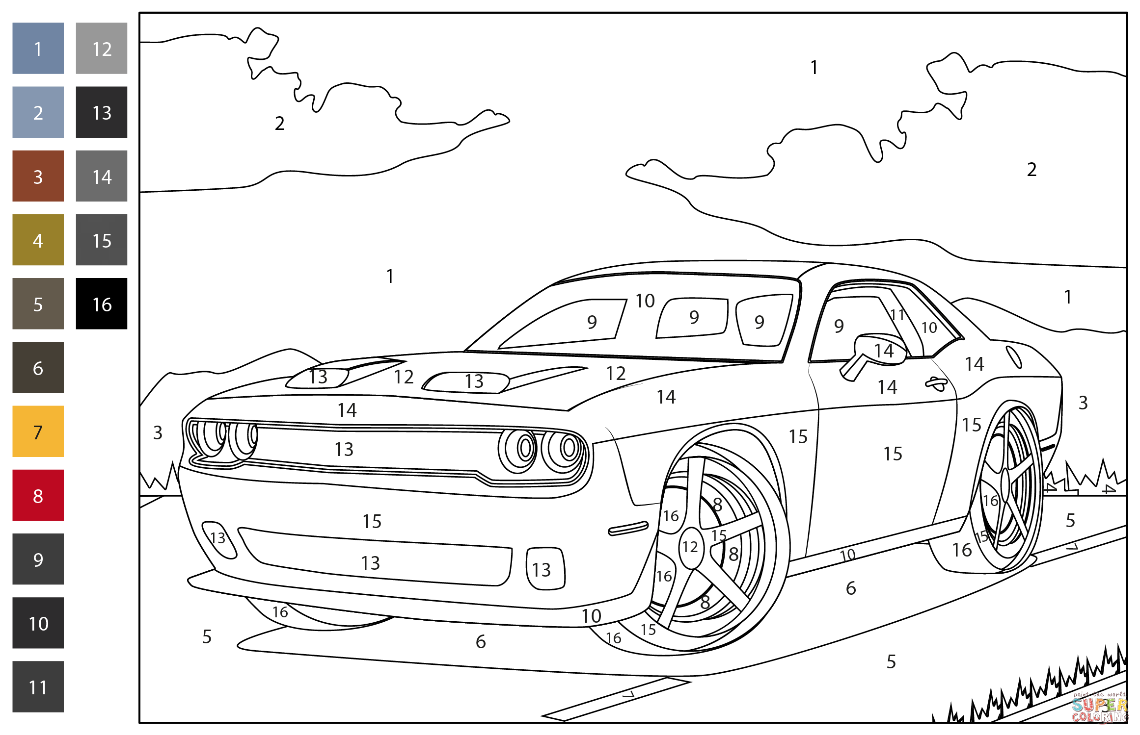 Dodge challenger hellcat color by number coloring page free printable coloring pages