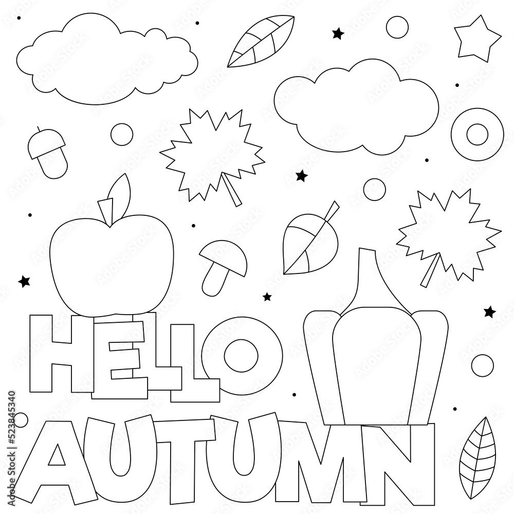 Hello autumn coloring page black and white vector illustration vector