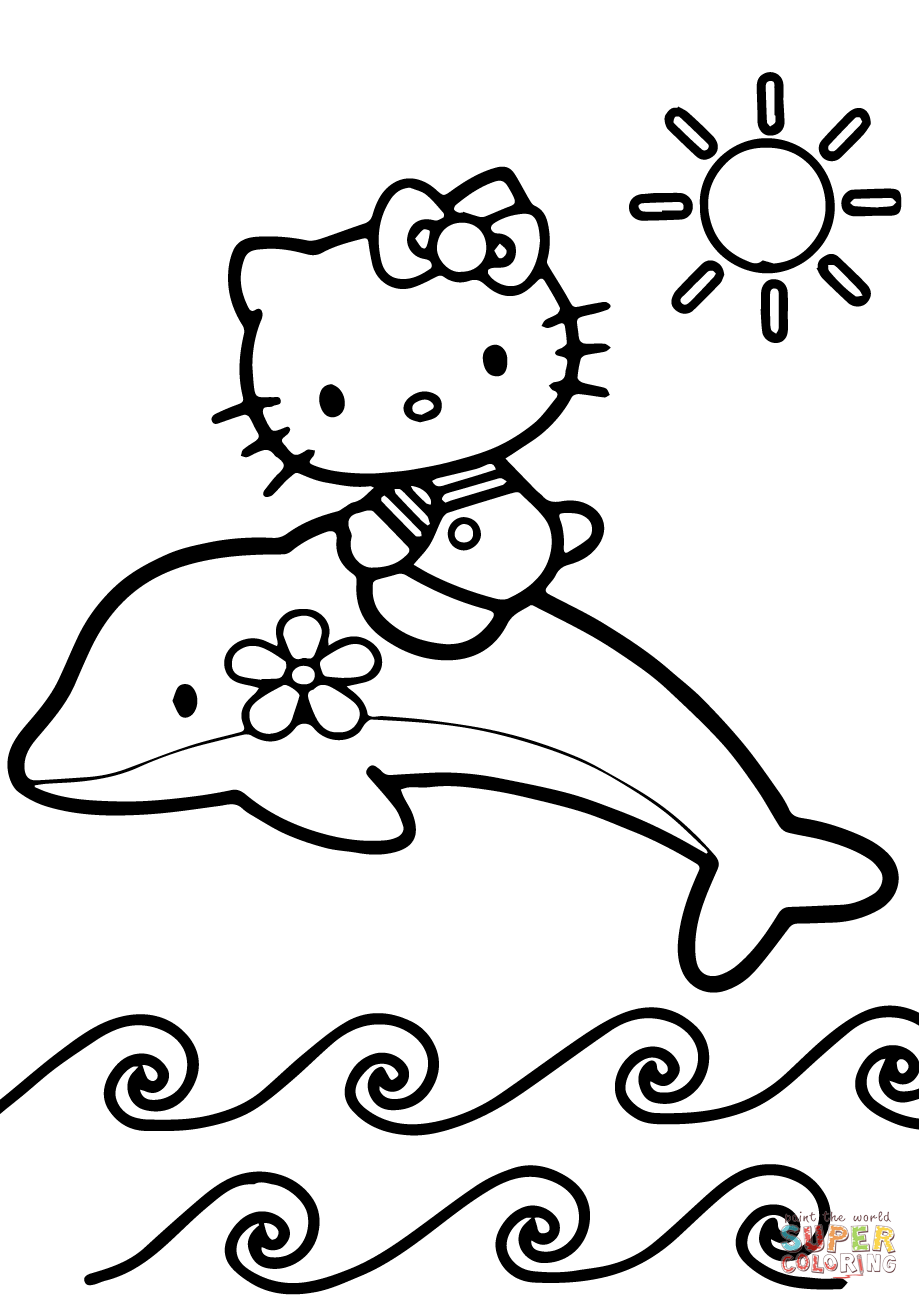 Hello kitty rides a dolphin coloring page free printable coloring pages