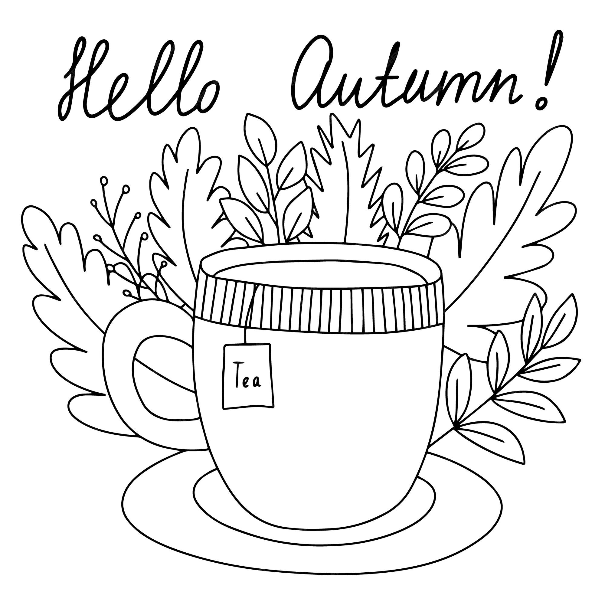 Premium vector hello autumn vector coloring page with cup of tea and autumn leaves cute coloring page for children and adults with cup of tea