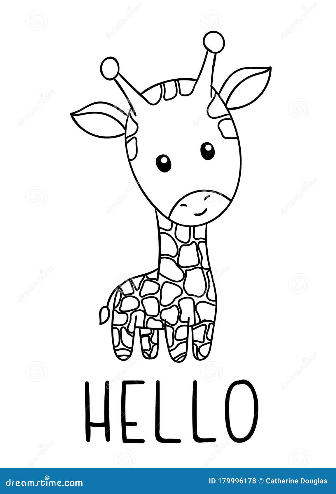 Coloring pages black and white cute kawaii hand drawn giraffe doodles lettering hello stock vector