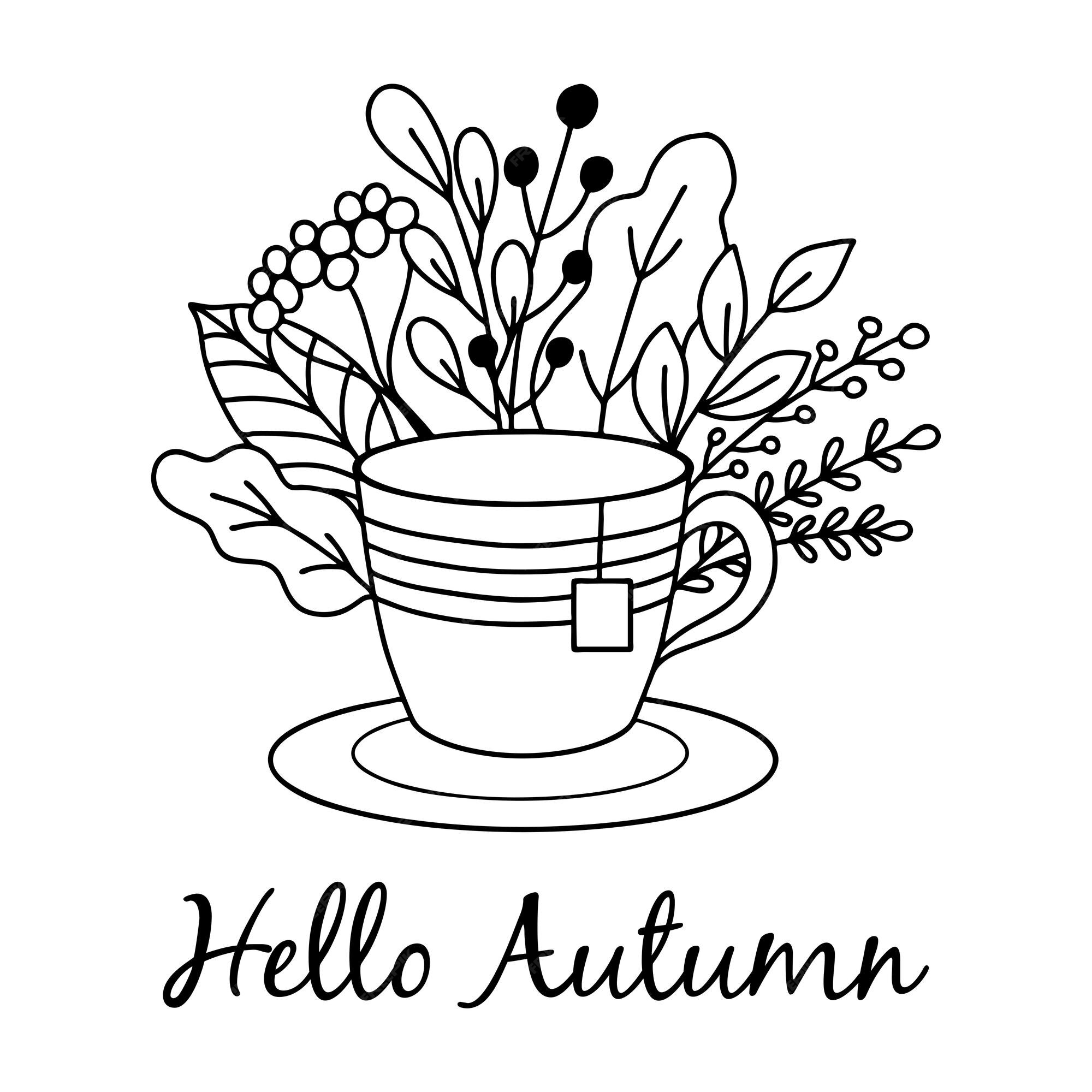 Premium vector hello autumn cute coloring page with a cup of tea and autumn leaves doodle style vector illustration on white background