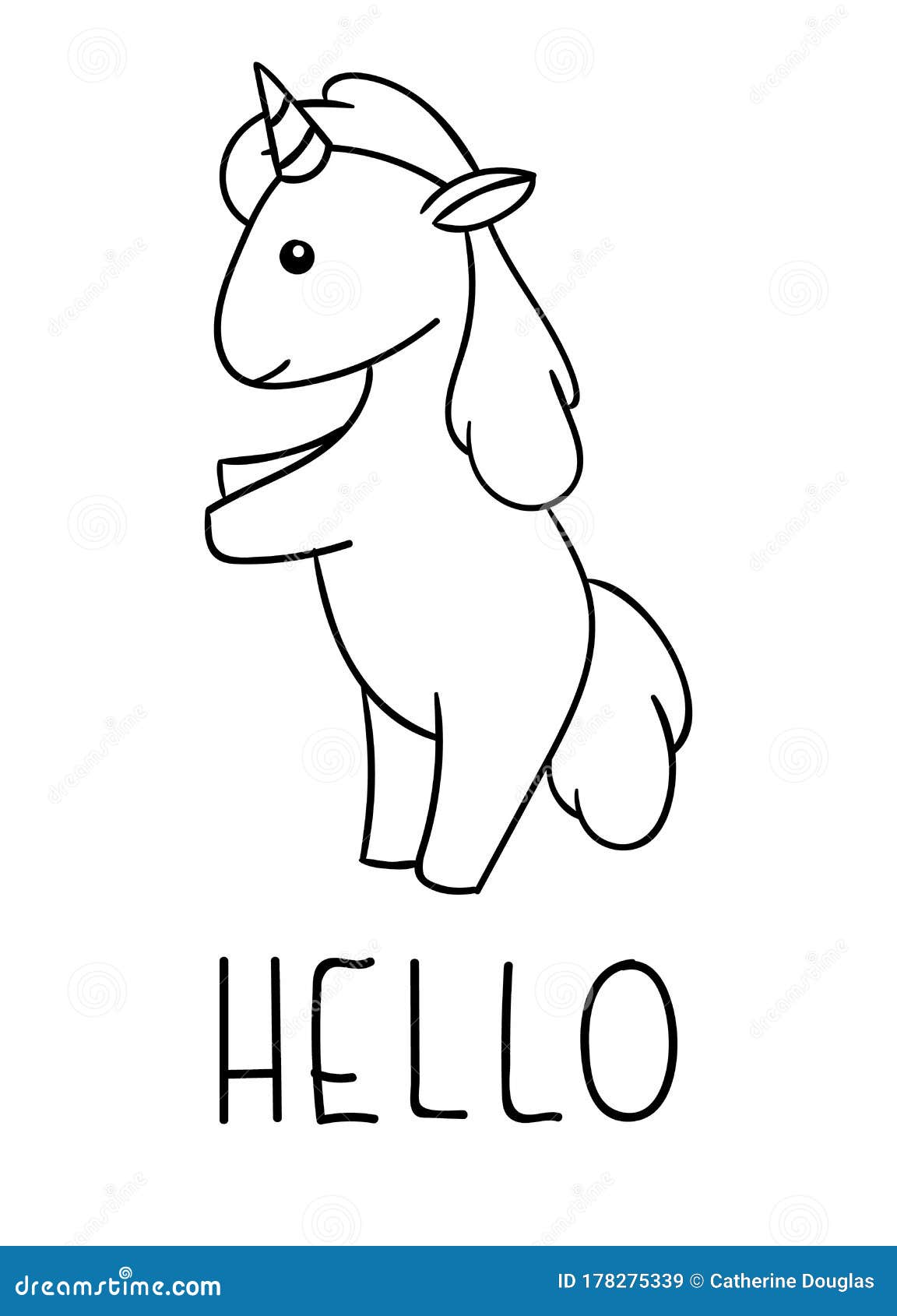 Coloring pages black and white cute kawaii hand drawn unicorn doodles lettering hello stock vector