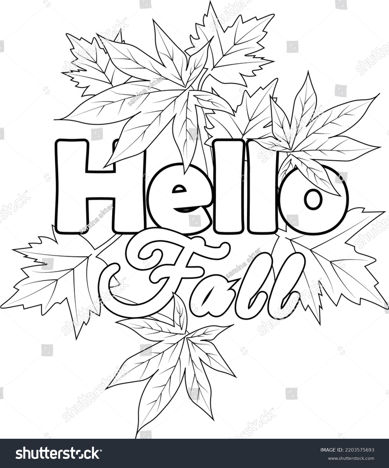 Hello fall coloring book page hand stock vector royalty free
