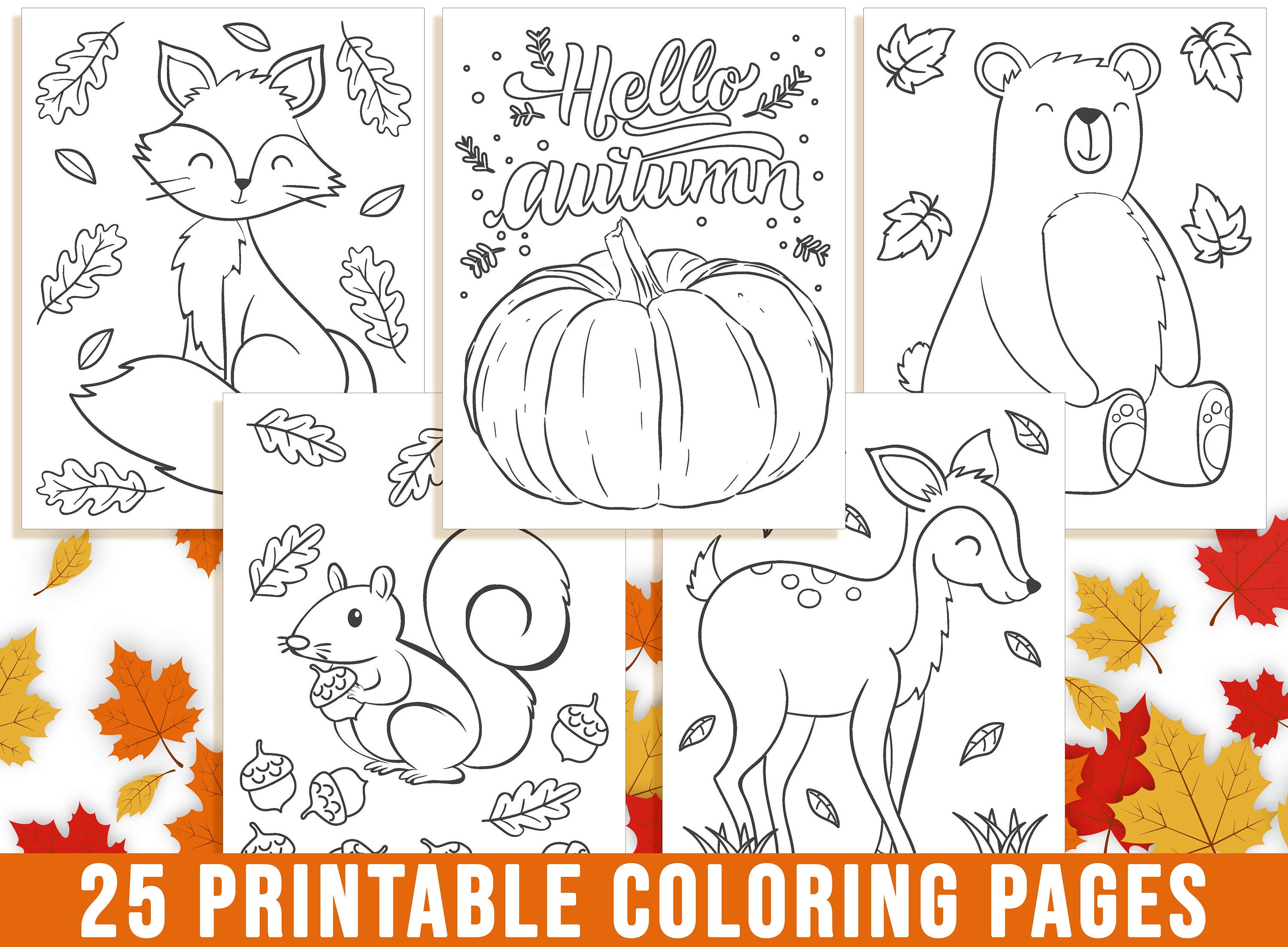 Fall coloring pages autumn coloring book for kids fall leaf fall flower pumpkin fox oak owl squirrels deer bear thanksgiving pdf