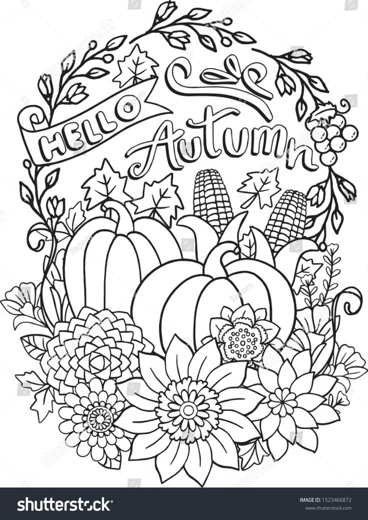 Hello autumn flower grape corns pumpkins stock vector royalty free shutterstock fall coloring pages fall coloring sheets free thanksgiving coloring pages