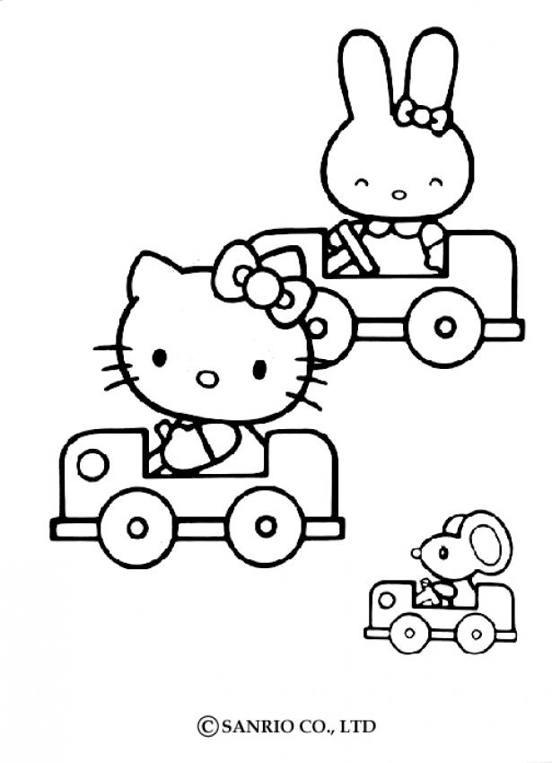 Hello kitty and her car coloring pages