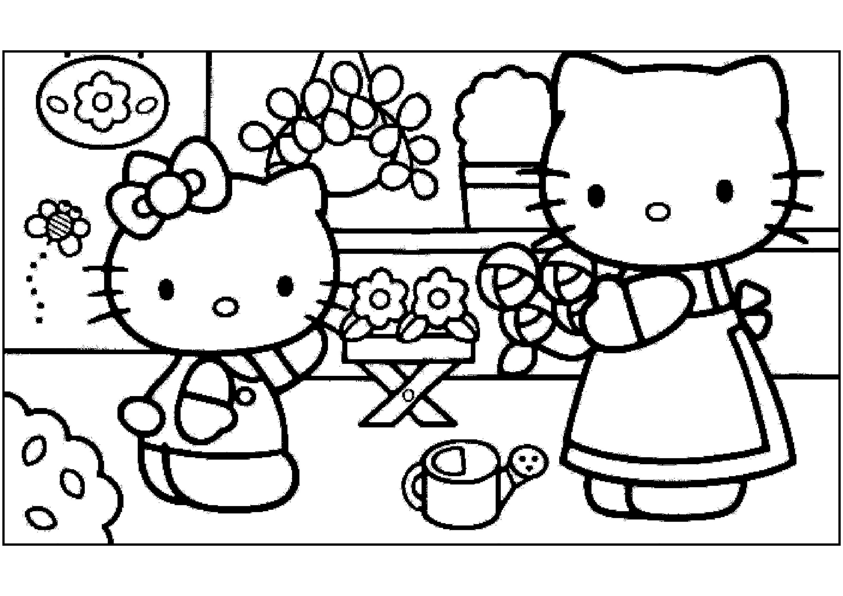 Hello kitty and her mother make a bouquet of flowers