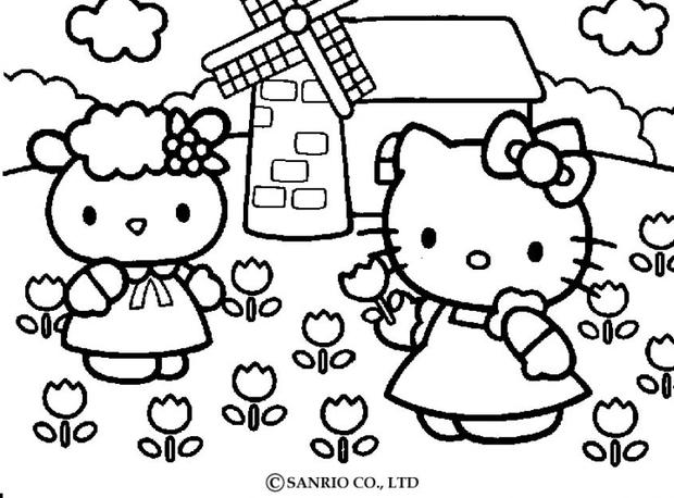 Hello kitty picking the flowers coloring pages