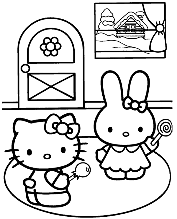 Printable hello kitty with cathy coloring sheet