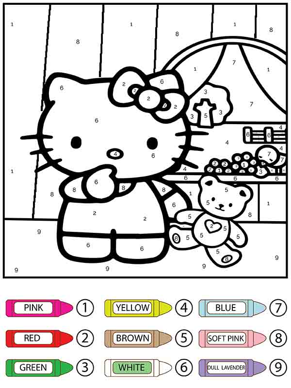 Hello kitty and toy color by number fãrbung seite