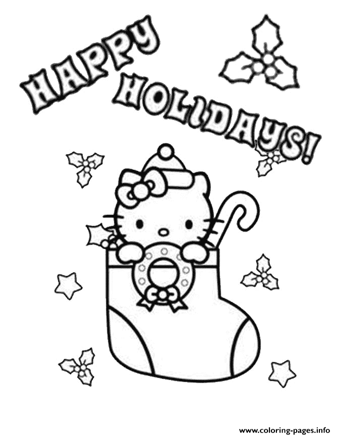 Hello kitty mistletoe stocking christmas coloring page printable