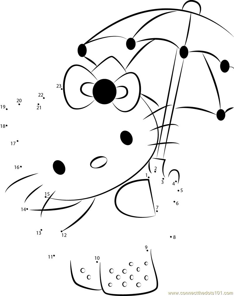 Hello kitty with umbrella dot to dot printable worksheet