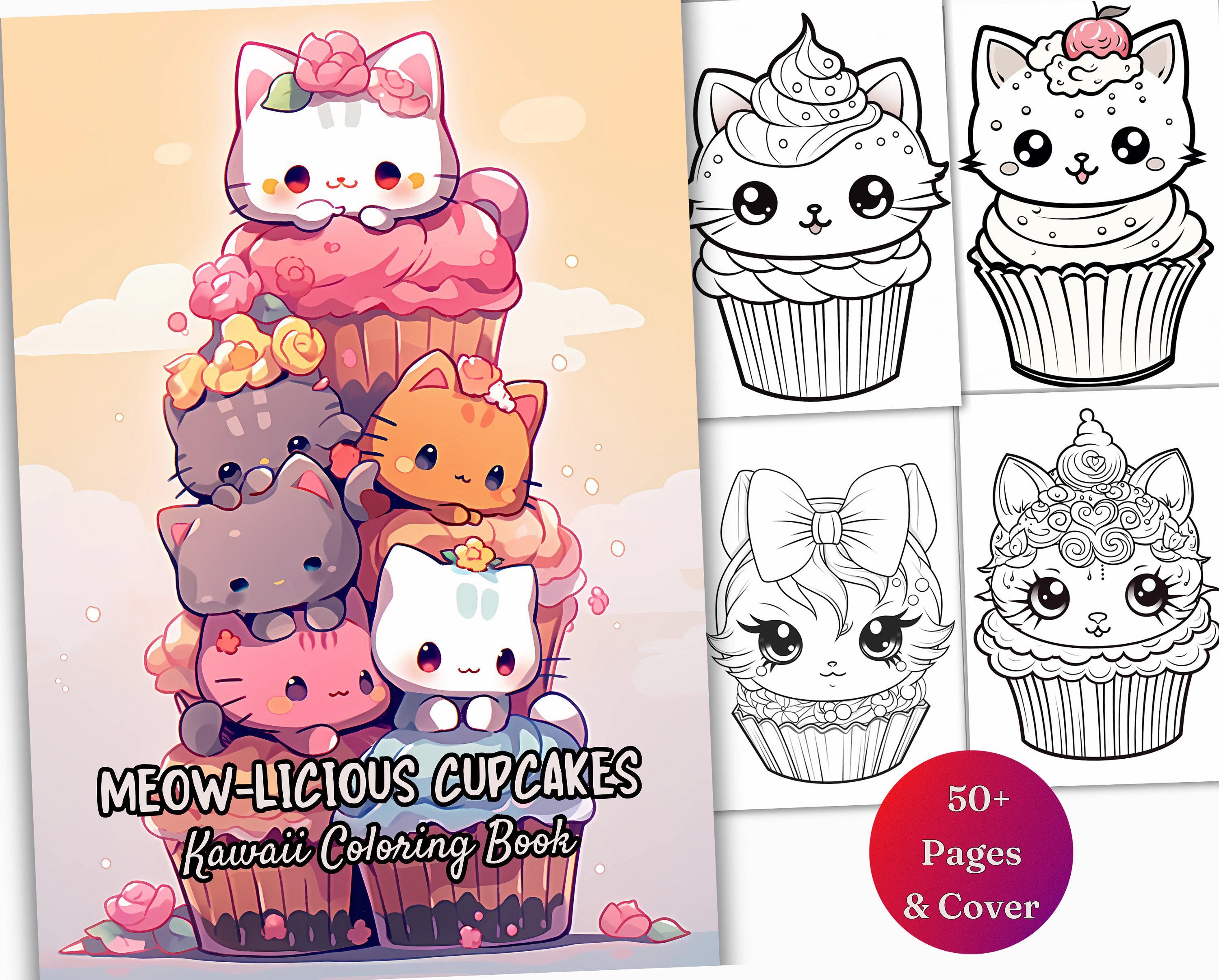 Cute kawaii cupcakes cats coloring pages adults and kids grayscale book gift anime coloring pages instant download printable pdf